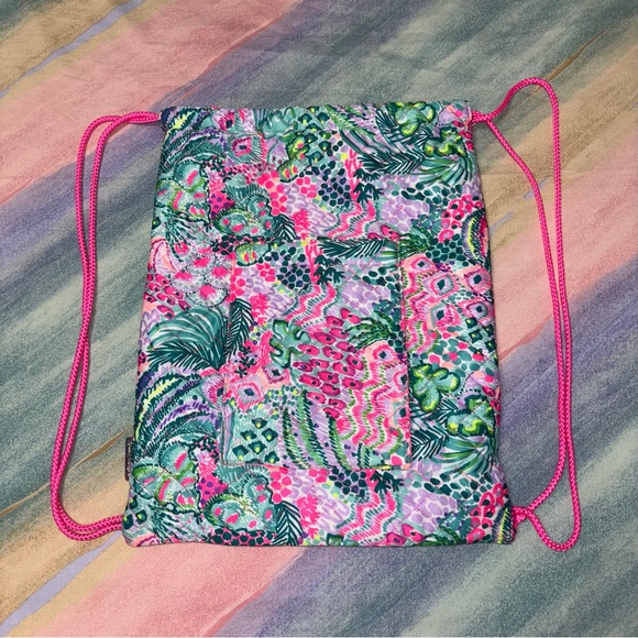 Lilly Pulitzer Pink and Green Drawstring Backpack - Picture 3 of 8